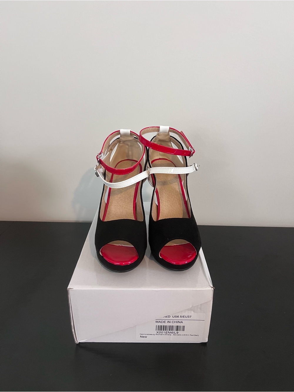 Black Suede like Open Toe Heels with Red Insole and White Ankle Straps